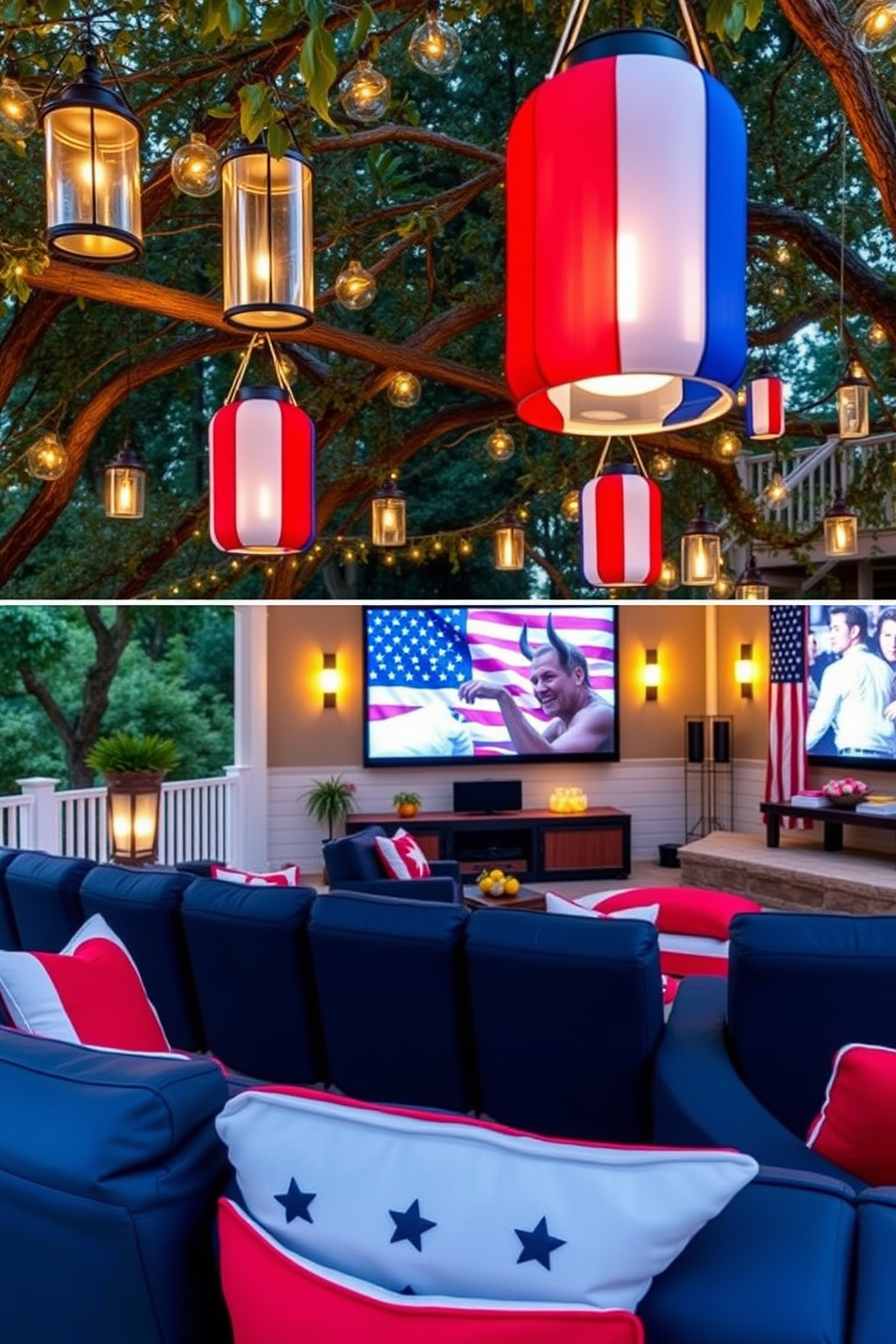 Outdoor lanterns in red white and blue are hung from tree branches creating a festive atmosphere for Independence Day celebrations. Soft warm light glows from each lantern illuminating the outdoor space and enhancing the holiday spirit. The home theater is designed with plush seating in deep navy blue complemented by accents of red and white. Patriotic themed decor adorns the walls and a large screen displays classic American films creating an inviting space for family gatherings.