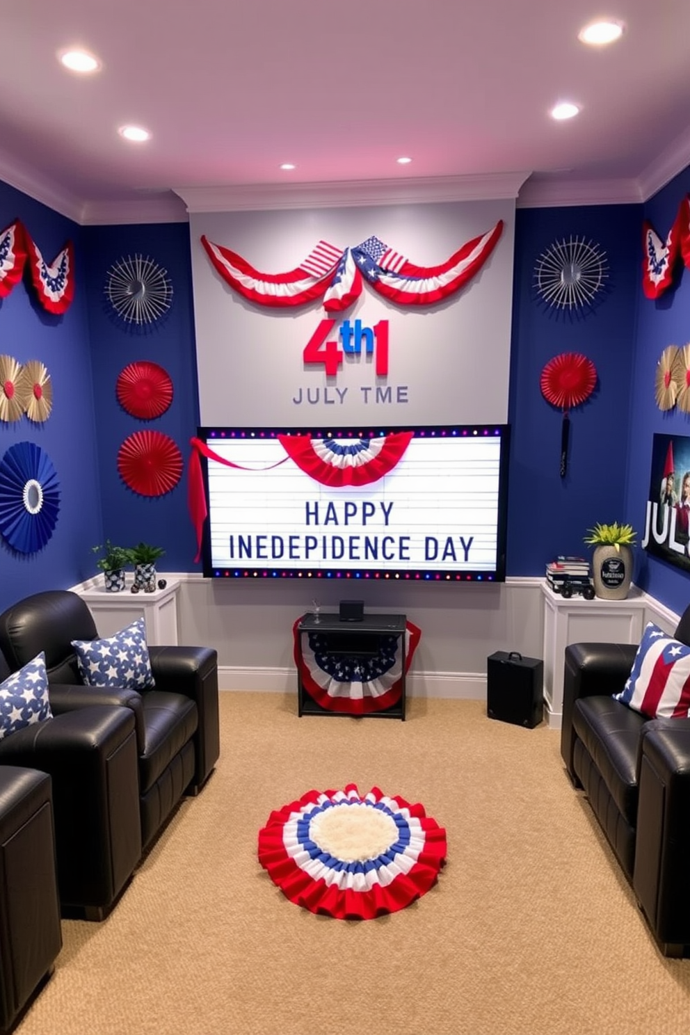 A vibrant home theater setting designed for July 4th celebrations. The walls are adorned with red white and blue decorations and a large marquee sign displays Happy Independence Day.