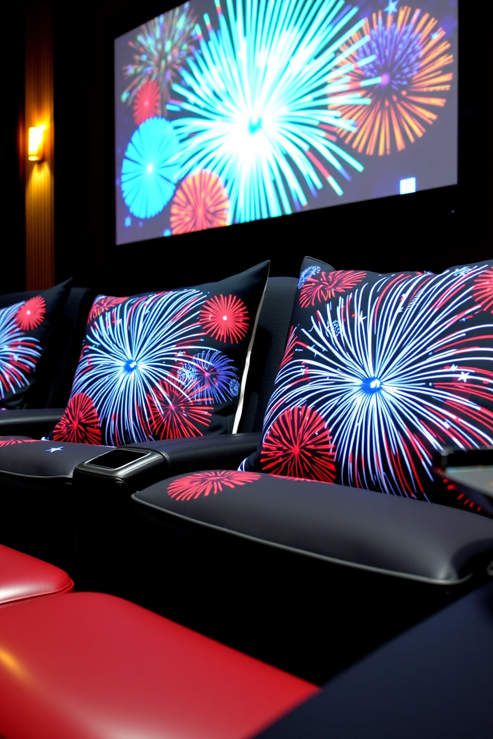 Custom cushions featuring vibrant fireworks prints create a festive atmosphere in your home theater. The bold colors and dynamic designs enhance the celebratory spirit of Independence Day while providing comfort for your movie nights.