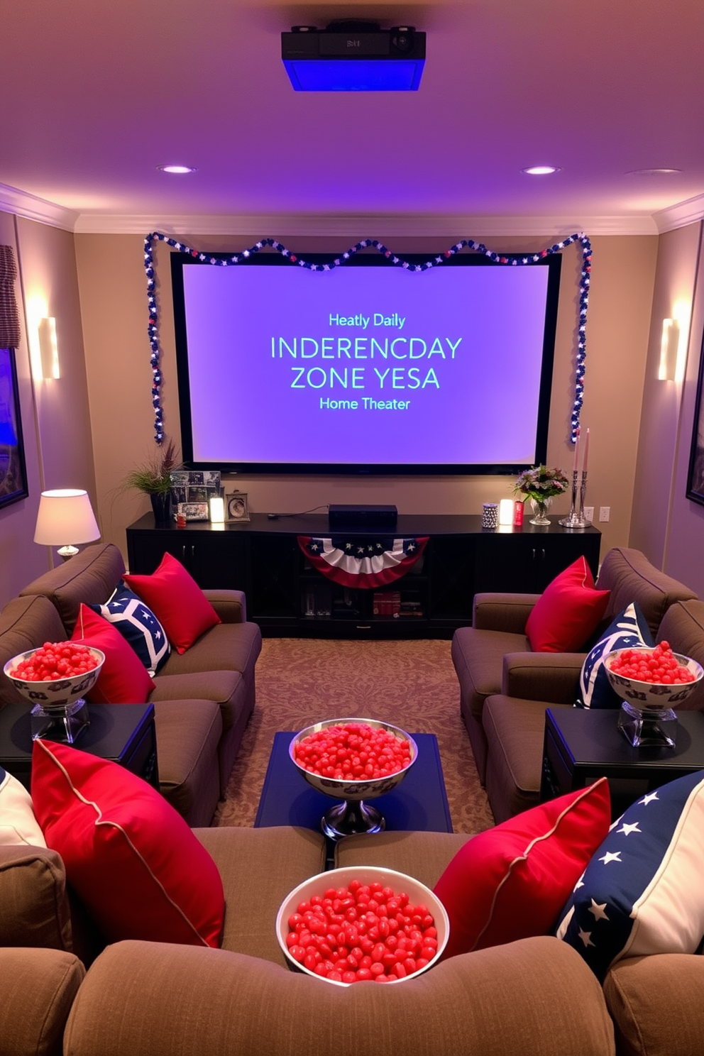 A cozy home theater setting designed for Independence Day celebrations. The focal point is a large screen with patriotic decorations surrounding it, and decorative bowls filled with red candies are placed on the side tables. Comfortable seating is arranged in a semi-circle facing the screen, adorned with red, white, and blue throw pillows. Soft lighting creates a warm ambiance, enhancing the festive atmosphere for movie nights.