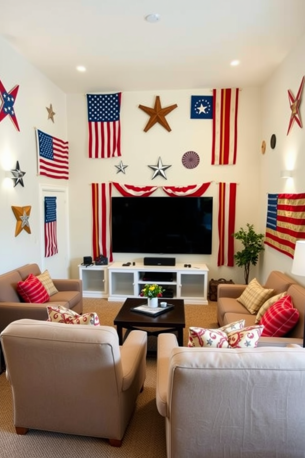 A cozy home theater featuring vintage American flags as wall art creates a festive atmosphere for Independence Day celebrations. The walls are adorned with various sized flags, and comfortable seating is arranged in a semi-circle facing a large screen.