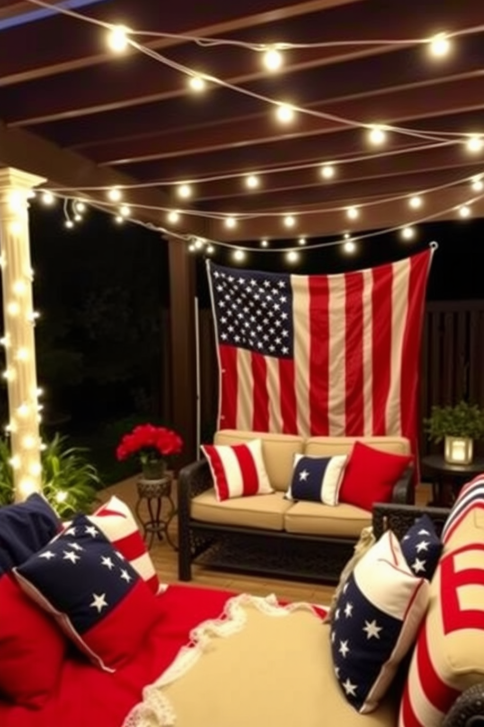 Festive outdoor lighting for ambiance. Strings of warm white fairy lights drape elegantly across the patio, illuminating the space with a soft glow. Independence Day home theater decorating ideas. Red, white, and blue themed cushions and blankets are arranged on the seating, while a large flag is displayed as a backdrop for a cozy movie night.