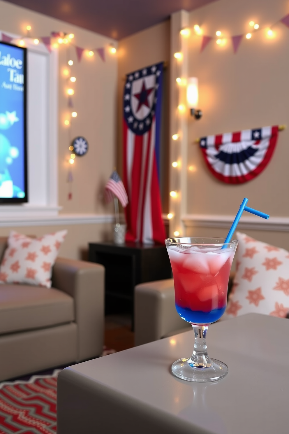 A cozy home theater decorated for Independence Day features red white and blue themed drinks served in festive glasses. The walls are adorned with patriotic bunting and string lights, creating a warm and inviting atmosphere for movie night.