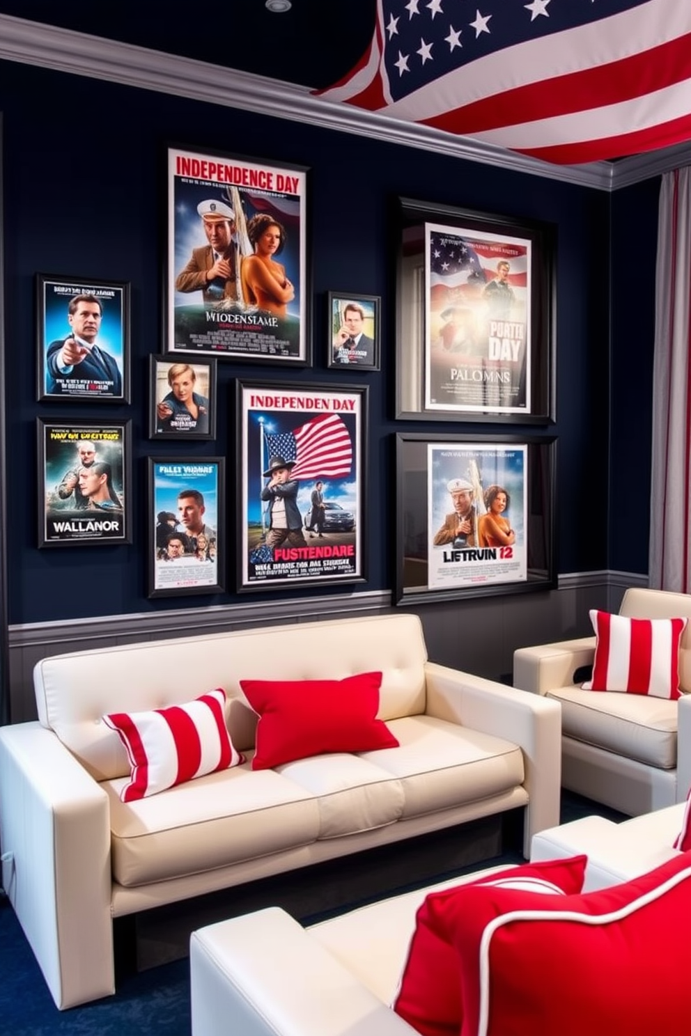 A striking home theater features a dedicated wall showcasing a collection of patriotic movie posters celebrating Independence Day. The posters are framed in sleek black frames, creating a cohesive look against the deep navy blue walls, while plush red and white seating adds to the festive ambiance.