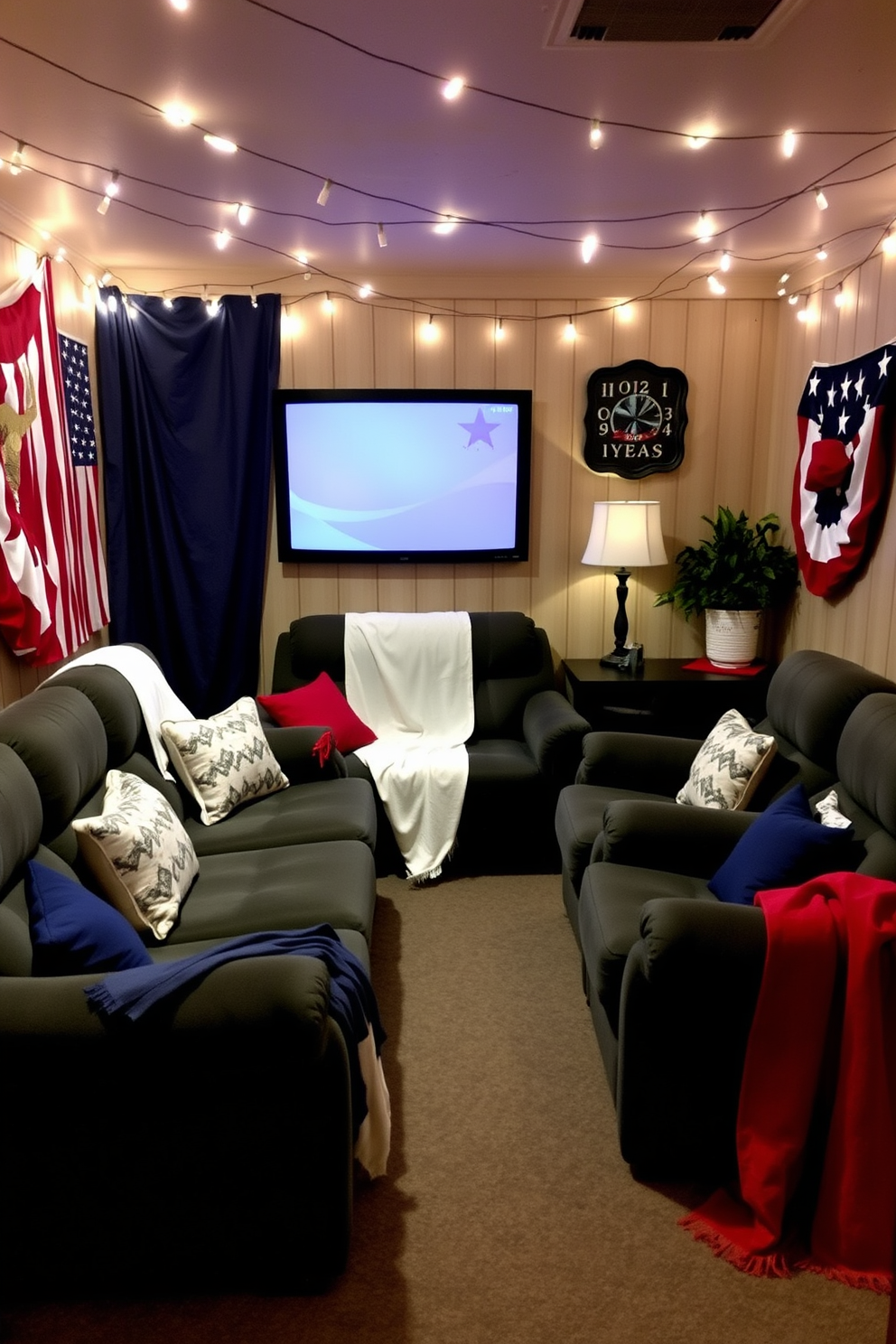 A themed seating area inspired by Independence Day features a cozy arrangement of plush sofas and chairs adorned with red white and blue blankets. The walls are decorated with patriotic artwork and string lights create a festive ambiance perfect for a home theater experience.