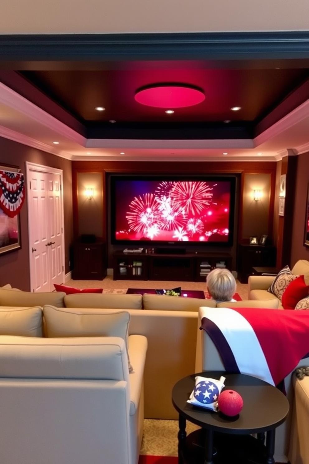 A home theater setting designed for Independence Day celebrations. The room features a large screen displaying vibrant fireworks, with comfortable seating arranged for optimal viewing. Decorative elements include red, white, and blue accents throughout the space. Soft lighting enhances the festive atmosphere, creating a warm and inviting environment for family and friends.