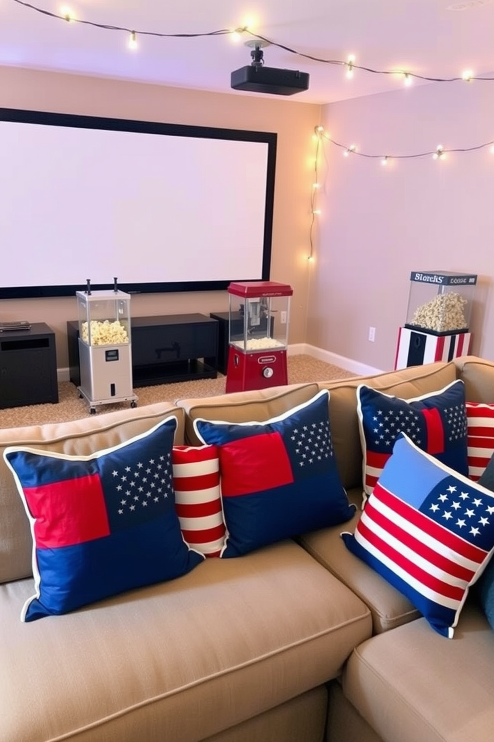 Themed throw pillows with flags are arranged on a plush sectional sofa, creating a festive atmosphere for an Independence Day celebration. The pillows feature vibrant red, white, and blue designs, complementing the room's patriotic decor. In the home theater, a large screen is framed by string lights, enhancing the cozy ambiance for movie nights. A popcorn machine sits in the corner, adding a fun touch to the overall festive theme.