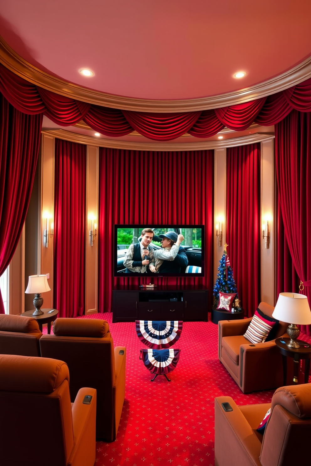 A luxurious home theater adorned with rich red velvet curtains that cascade elegantly from the ceiling to the floor. The room features plush seating arranged for optimal viewing, with patriotic decor celebrating Independence Day enhancing the festive atmosphere.