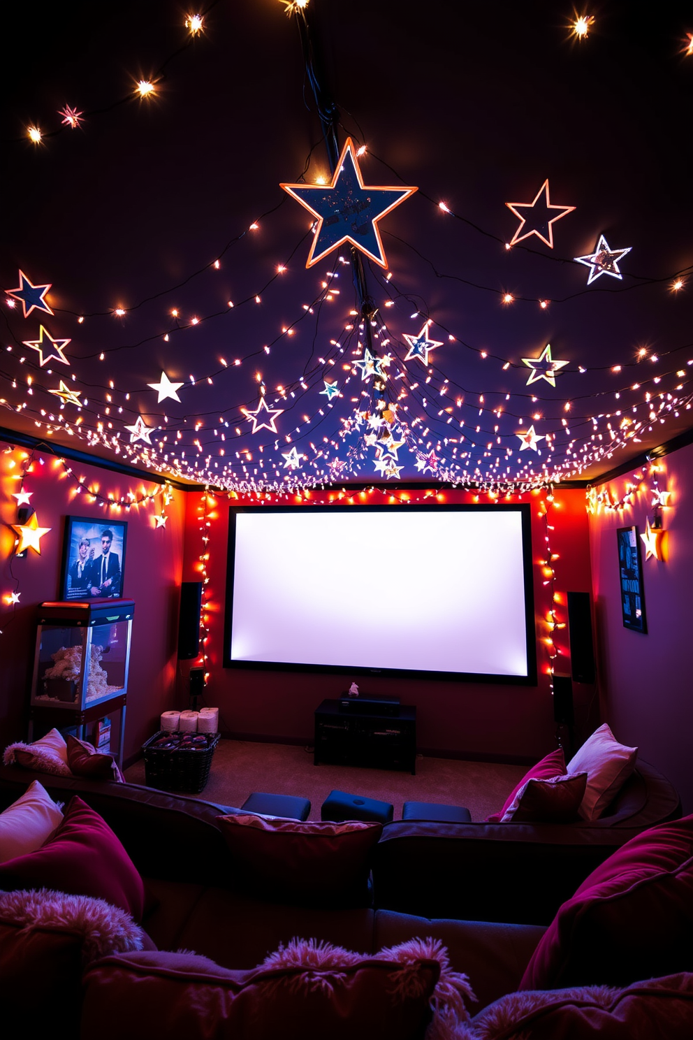 A cozy home theater adorned with star shaped fairy lights creates a festive atmosphere for Independence Day celebrations. The lights are draped along the ceiling and around the screen, casting a warm glow that enhances the movie-watching experience. Comfortable seating is arranged in a semi-circle, with plush cushions in red, white, and blue colors to match the holiday theme. A popcorn machine sits in the corner, adding a classic touch and inviting guests to enjoy snacks while celebrating.