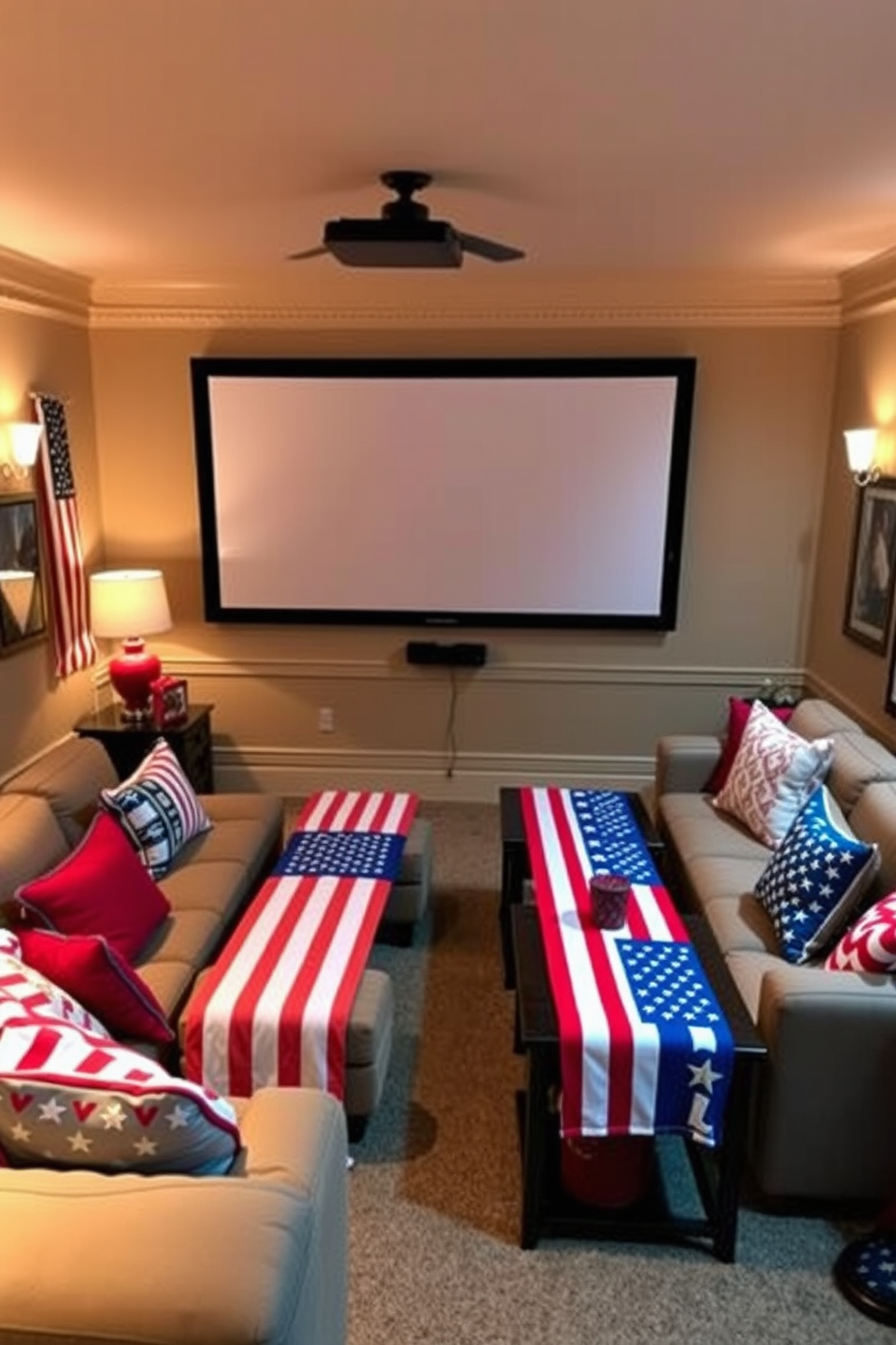 A cozy home theater setting decorated for Independence Day. The centerpiece is a large screen with plush seating arranged in a semicircle, adorned with American flag table runners draped over side tables. Red, white, and blue accents are scattered throughout the room, including cushions and decorative pillows. Soft lighting creates a warm ambiance, enhancing the festive atmosphere for movie nights.