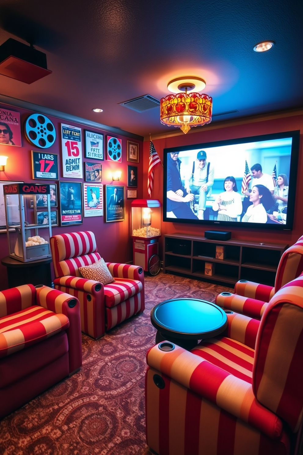 A cozy home theater featuring vintage Americana film reels as the focal point. The walls are adorned with patriotic-themed posters and the seating includes plush red and white striped recliners. Ambient lighting creates a warm atmosphere, while a popcorn machine sits in the corner, adding a nostalgic touch. A large screen displays classic American films, inviting friends and family to gather and celebrate Independence Day in style.