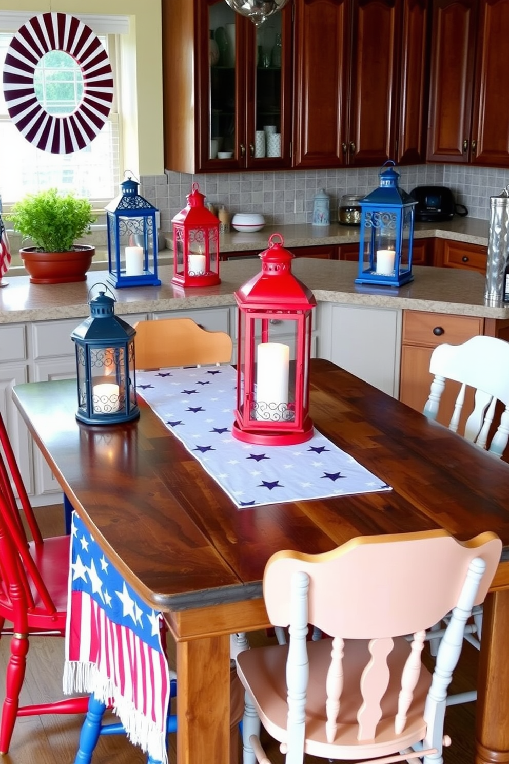 Decorative lanterns in red, white, and blue are strategically placed on the kitchen countertops, creating a festive atmosphere for Independence Day. The lanterns are made of metal and glass, showcasing intricate designs that cast beautiful shadows when lit. A rustic wooden dining table is adorned with a vibrant table runner featuring stars and stripes. Surrounding the table are mismatched chairs painted in patriotic colors, adding a charming and eclectic touch to the overall decor.