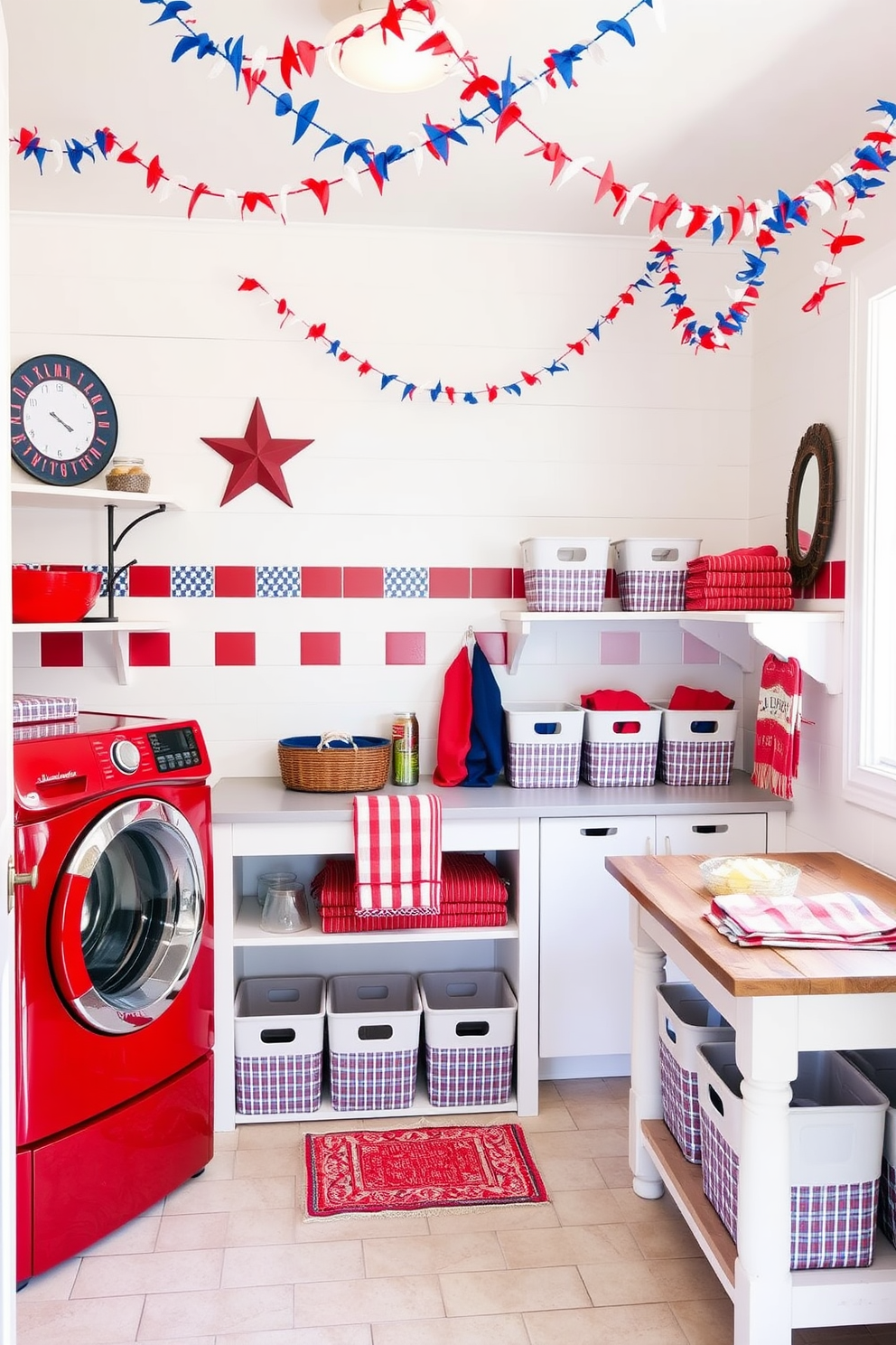 A vibrant laundry room decorated in a red white and blue theme celebrating Independence Day. The walls are painted in a crisp white with red and blue accents throughout, including a patterned backsplash and decorative storage bins. A vintage style washing machine with a red exterior sits next to a rustic wooden folding table. Red and blue towels are neatly arranged on shelves, and festive garlands hang from the ceiling to enhance the holiday spirit.