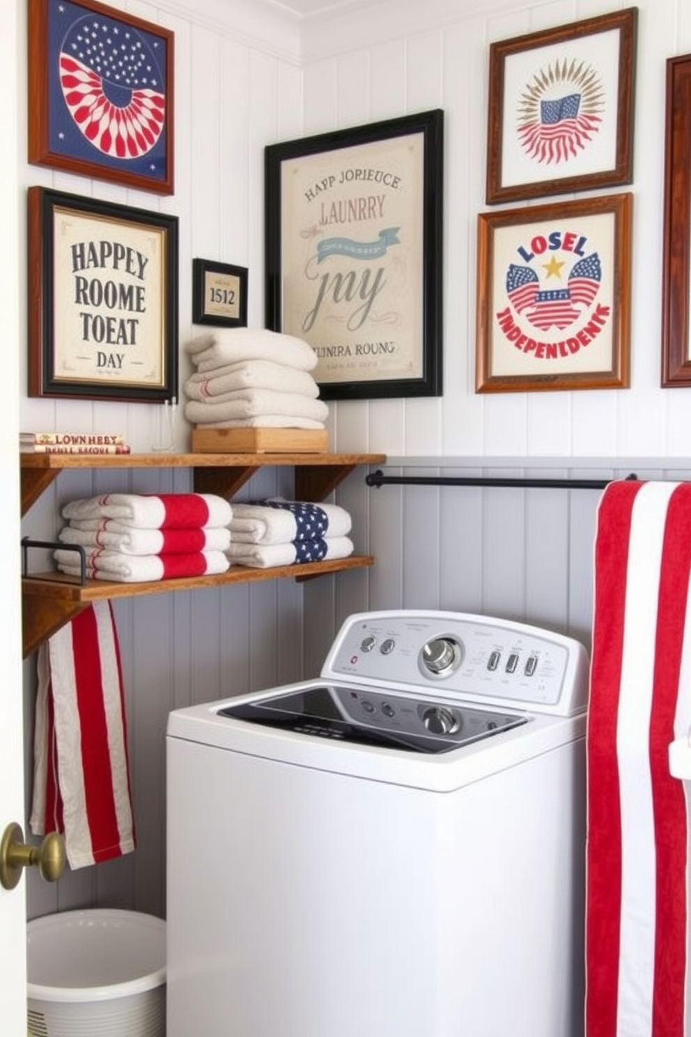 A vintage laundry room adorned with patriotic prints celebrating Independence Day. The walls are decorated with framed artwork featuring red white and blue motifs alongside rustic wooden shelves filled with neatly folded towels.