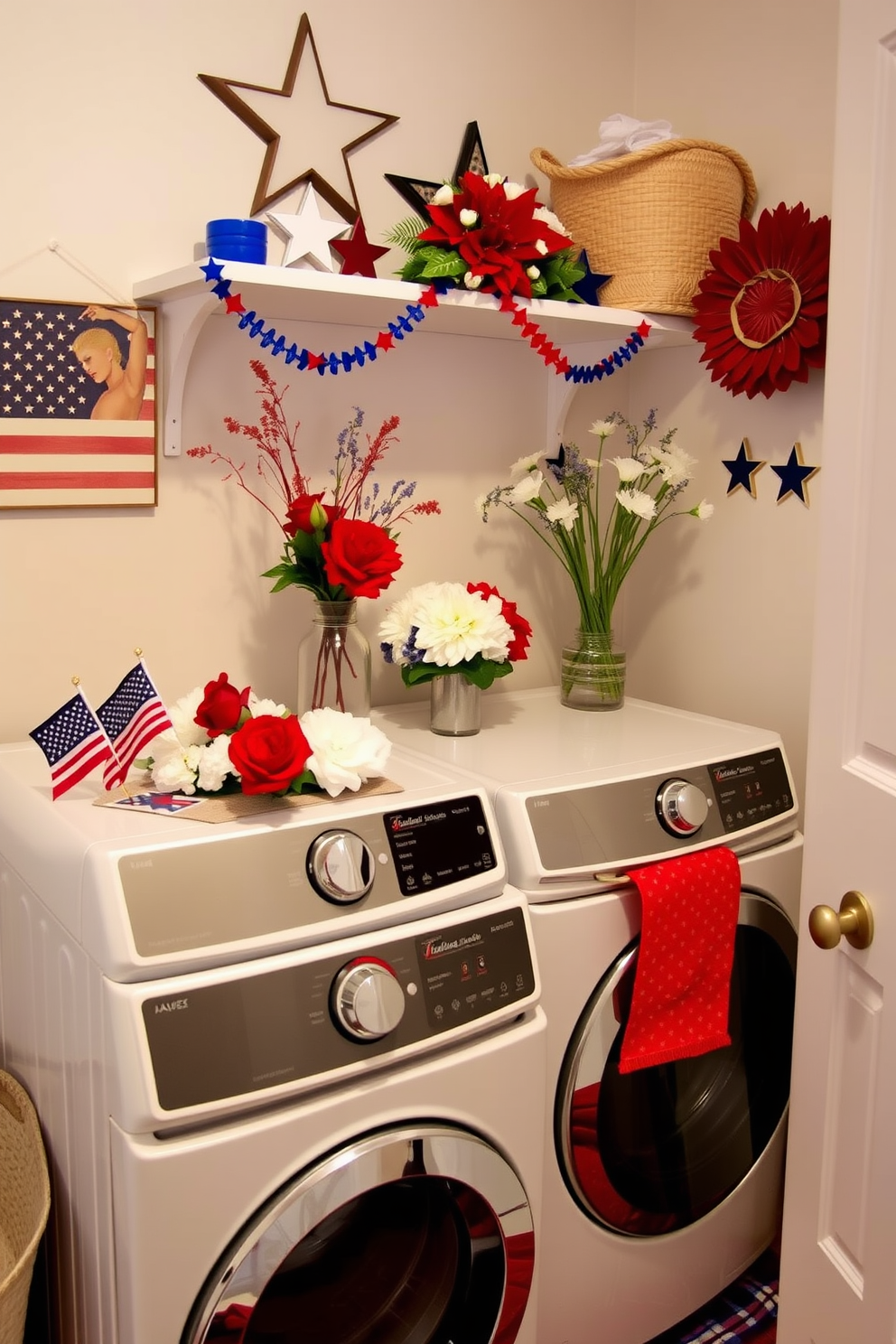 A vibrant laundry room decorated for Independence Day features seasonal floral arrangements in red white and blue. The space includes a stylish washer and dryer set with a decorative shelf above adorned with stars and stripes accents.