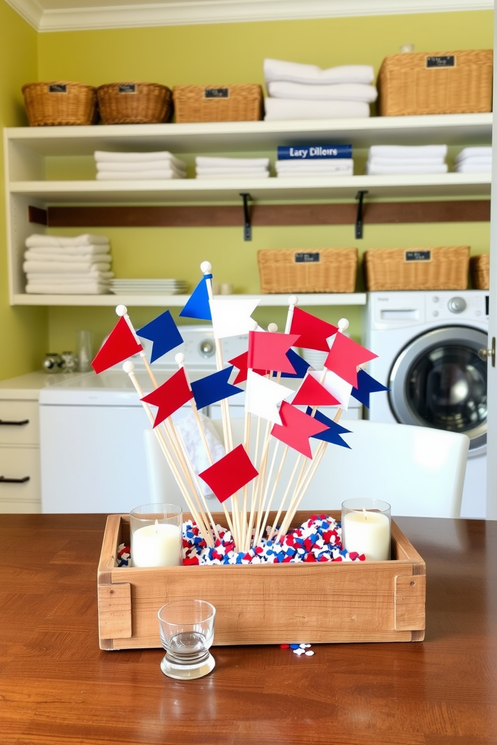 Tabletop decor featuring a vibrant arrangement of mini flags in red white and blue colors. The flags are artfully placed in a rustic wooden box surrounded by small decorative items like candles and festive confetti. A laundry room designed with a cheerful and functional aesthetic. The space includes open shelving with neatly folded towels and baskets along with a bright wall color that enhances the overall ambiance.