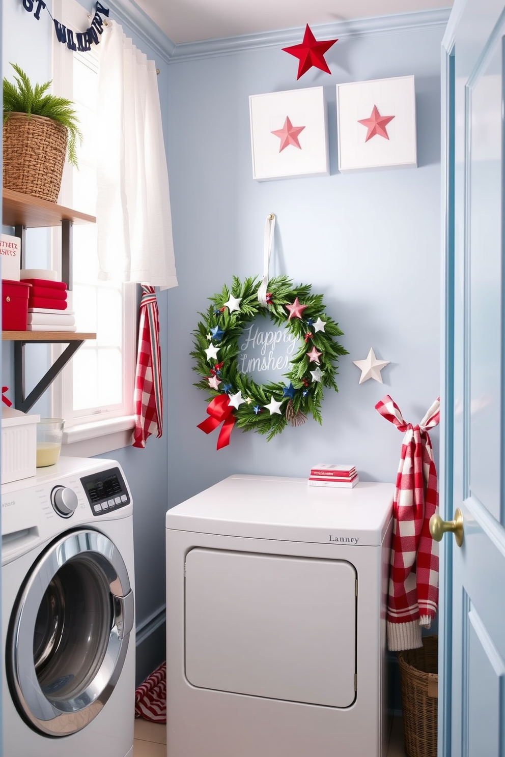 A charming laundry room adorned with a festive wreath featuring stars to celebrate Independence Day. The walls are painted in a soft blue hue, and the space is filled with cheerful red and white accents that evoke a patriotic spirit.