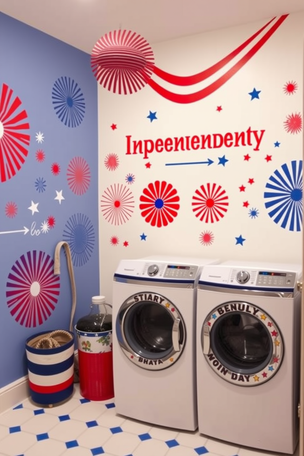 A vibrant laundry room adorned with patriotic themed wall decals celebrating Independence Day. The walls feature bold red, white, and blue designs, creating a festive atmosphere that inspires pride and joy.