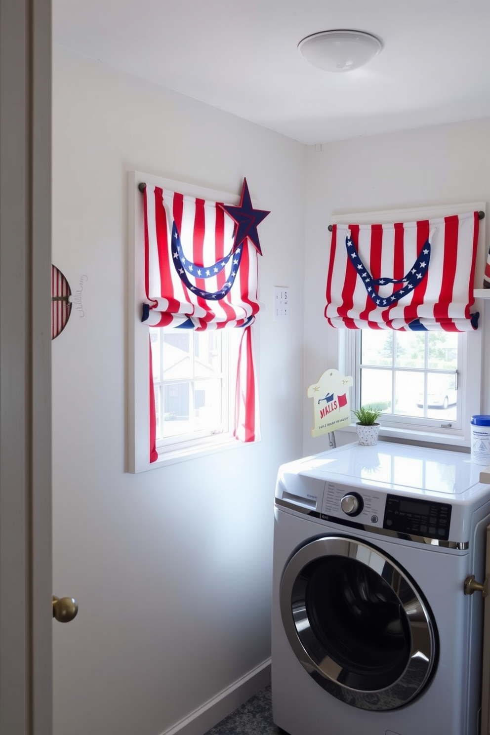 A cheerful laundry room adorned with red and blue striped curtains framing the windows. The space features a practical layout with a washing machine and dryer, complemented by decorative elements celebrating Independence Day.