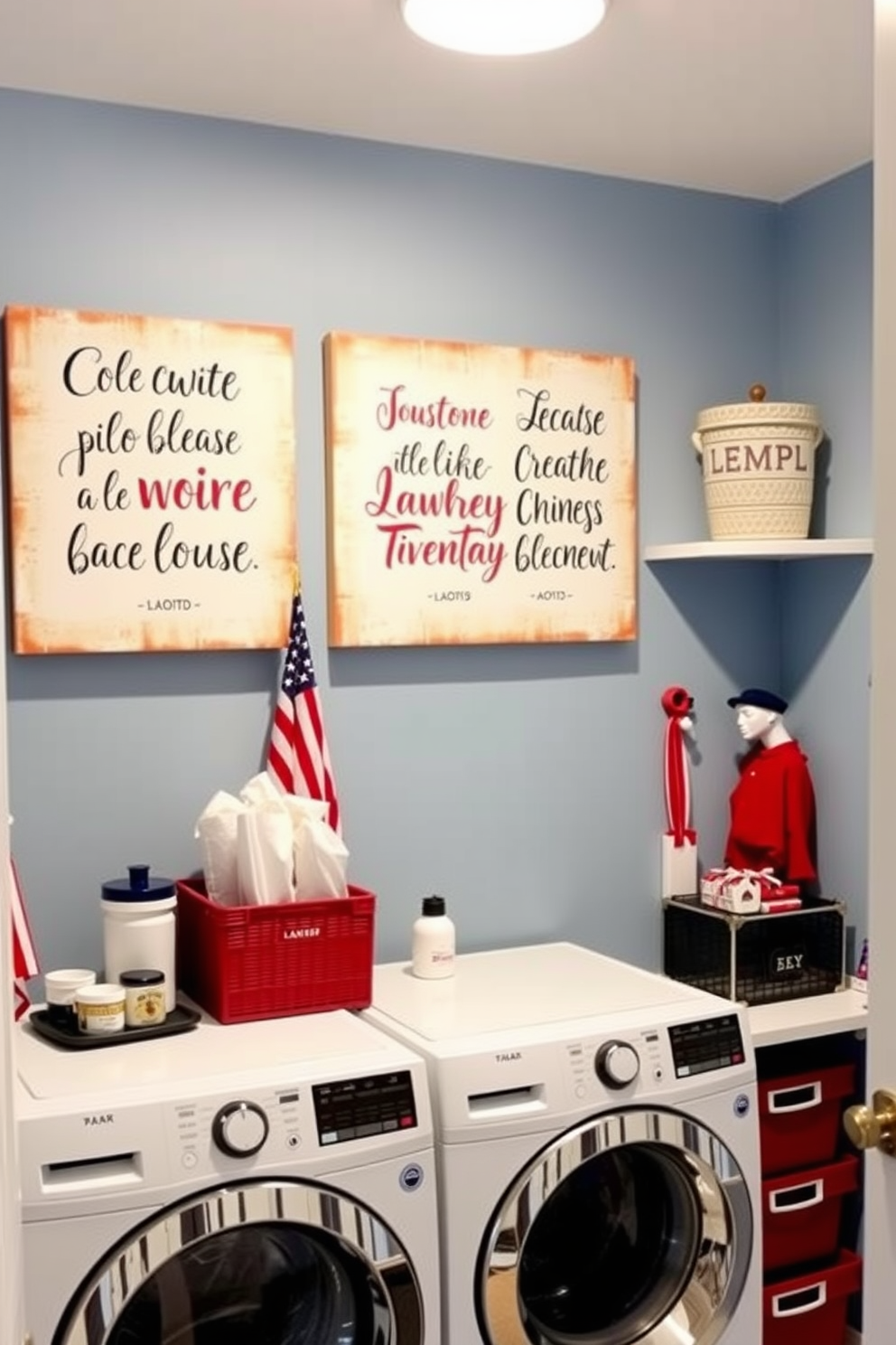 A festive laundry room adorned with canvas prints featuring cheerful quotes celebrating Independence Day. The walls are painted in a soft blue, and accents of red and white are incorporated through decorative items and storage solutions.