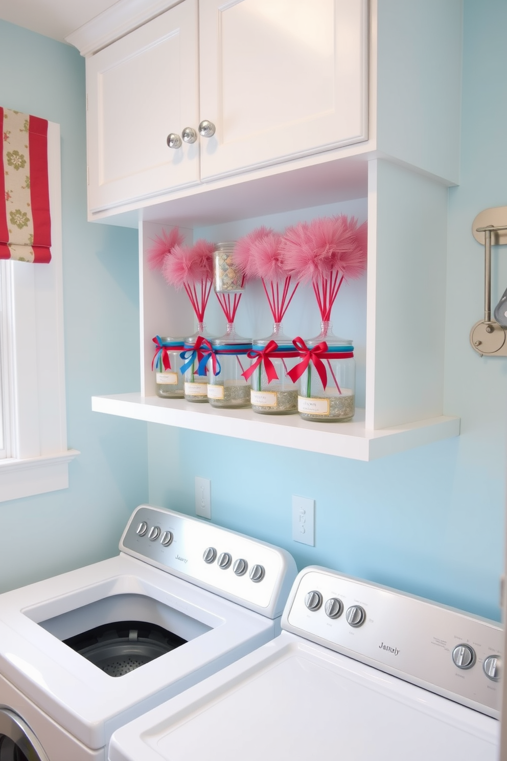 A bright and cheerful laundry room featuring decorative jars with red and blue accents. The jars are neatly arranged on a floating shelf above a sleek white countertop, adding a festive touch to the space.