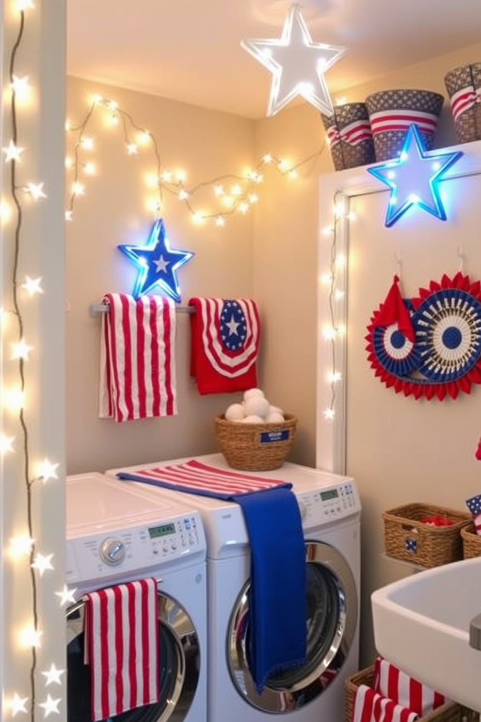 Star shaped fairy lights create a magical ambiance in the laundry room. They are draped along the walls, casting a warm glow that enhances the cheerful decor. Independence Day themed decorations add a festive touch to the space. Red, white, and blue accents are incorporated through patterned towels and decorative baskets.