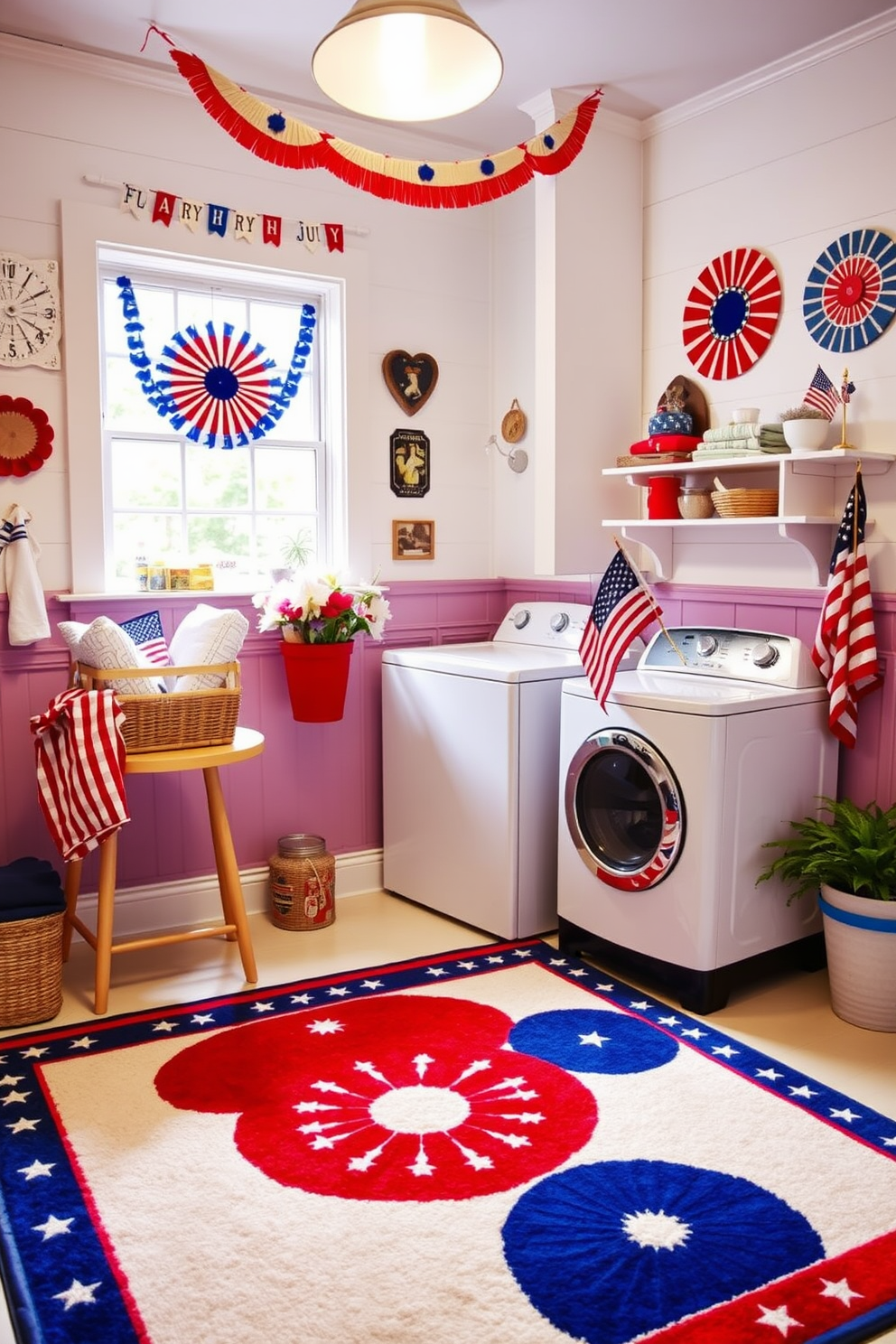 A vibrant laundry room featuring a Fourth of July themed rug that showcases red white and blue colors. The walls are adorned with patriotic decorations and a cheerful bunting hangs above the window. The rug adds a festive touch to the space while a vintage washing machine sits in the corner. A small table displays a basket filled with fresh linens and a flag-themed centerpiece completes the look.