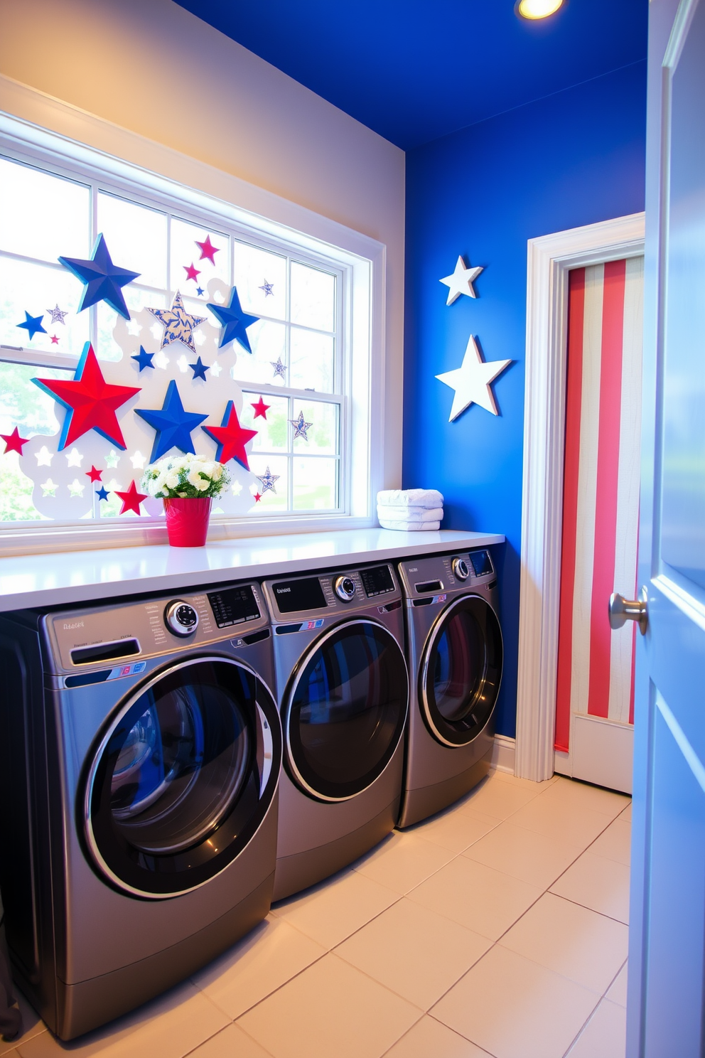 A vibrant laundry room featuring stars and stripes wall art that celebrates Independence Day. The space is bright and cheerful with a large window allowing natural light to flood in, complemented by a sleek washing machine and dryer set.