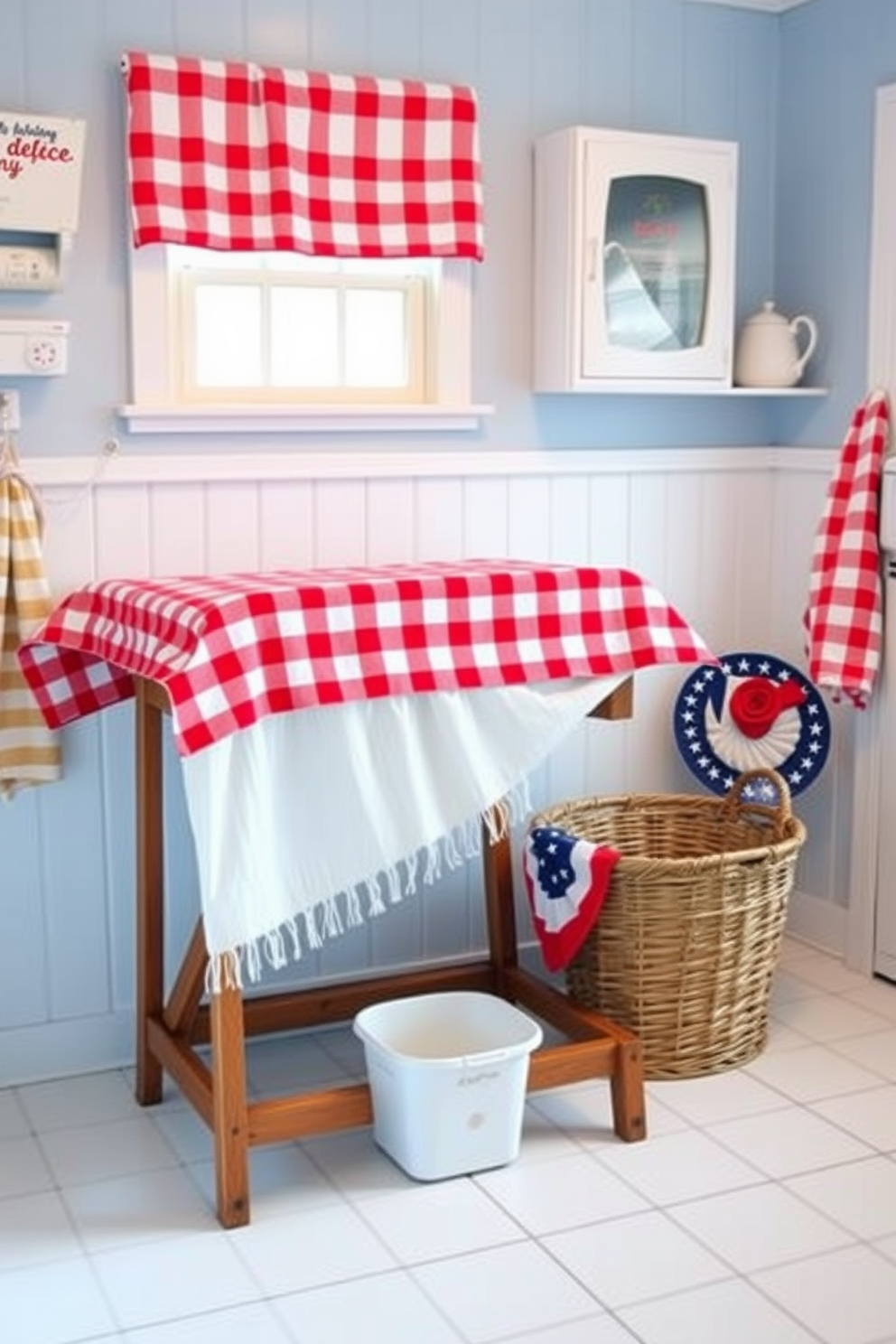 A cheerful laundry room featuring a red and white checkered tablecloth draped over a wooden folding table. The walls are painted in a soft blue, and a vintage laundry basket sits in the corner, adding a festive touch for Independence Day.