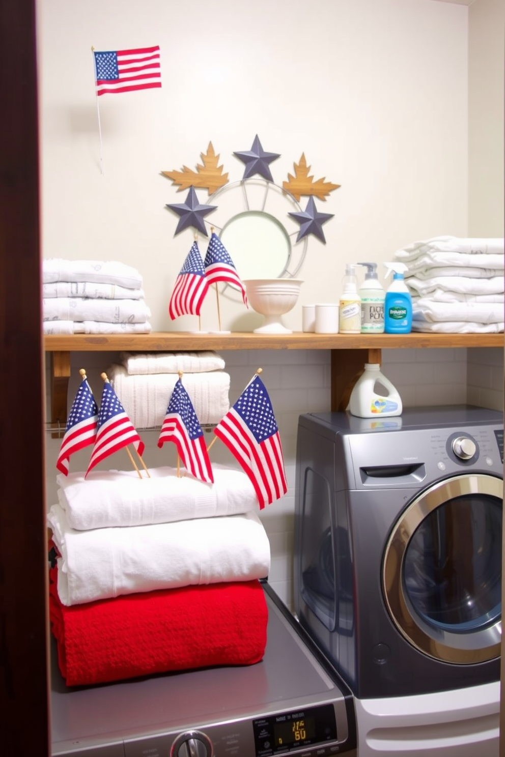 A cheerful laundry room decorated for Independence Day features a rustic wooden shelf adorned with red white and blue decorations. On the shelf, small flags of various sizes are artfully arranged alongside neatly folded towels and laundry supplies in coordinating colors.