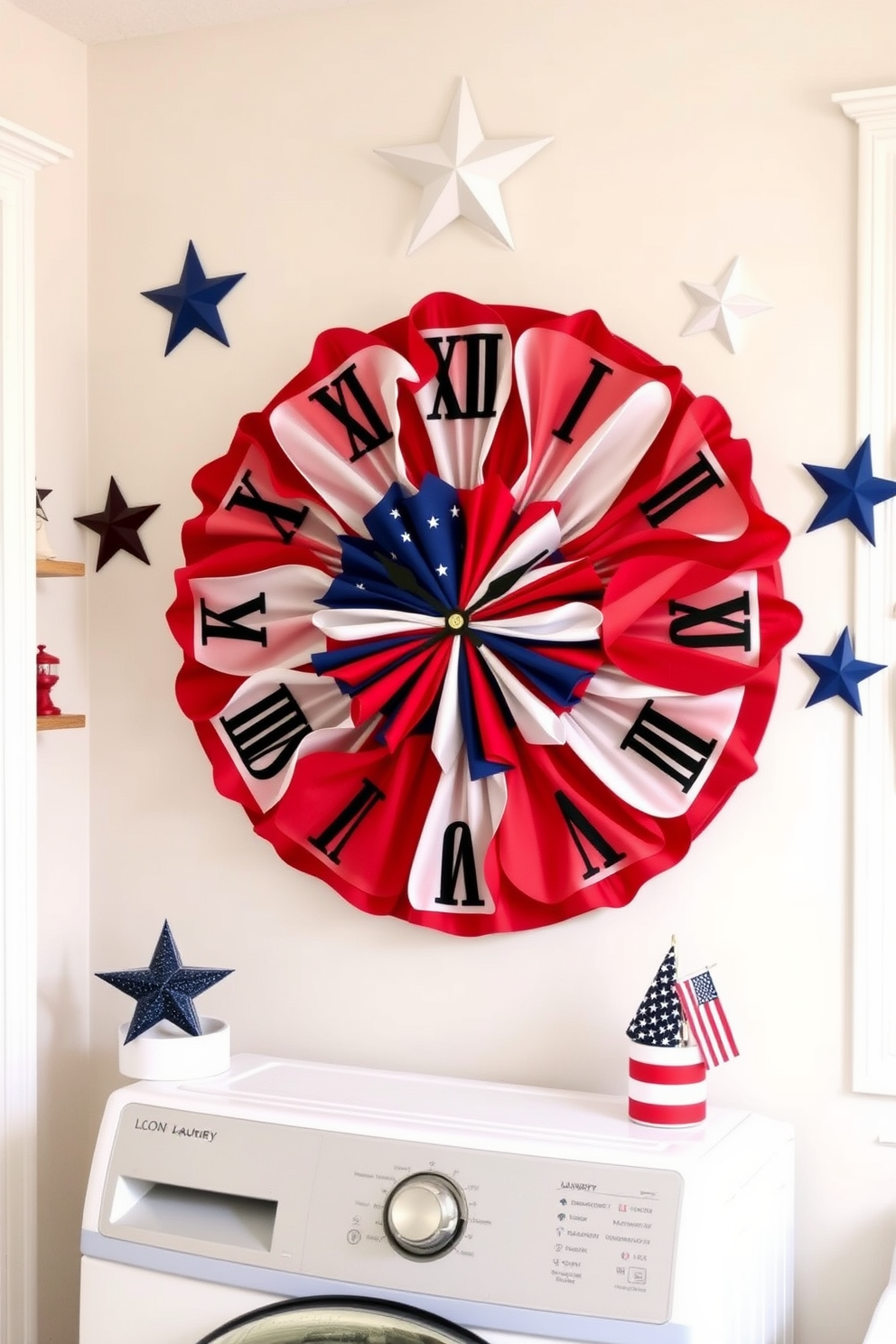 A patriotic themed laundry room featuring a large wall clock adorned with red white and blue colors. The clock is surrounded by decorative elements such as stars and stripes enhancing the Independence Day spirit in the space.