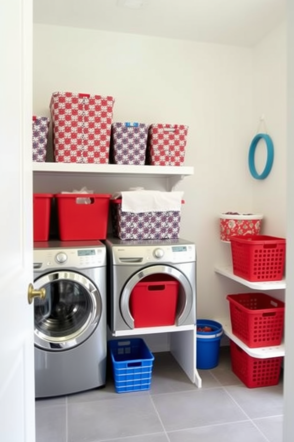 A vibrant laundry room featuring red blue and white patterned storage bins arranged neatly on open shelves. The walls are painted a crisp white, and the floor is adorned with a subtle gray tile to enhance the festive decor.