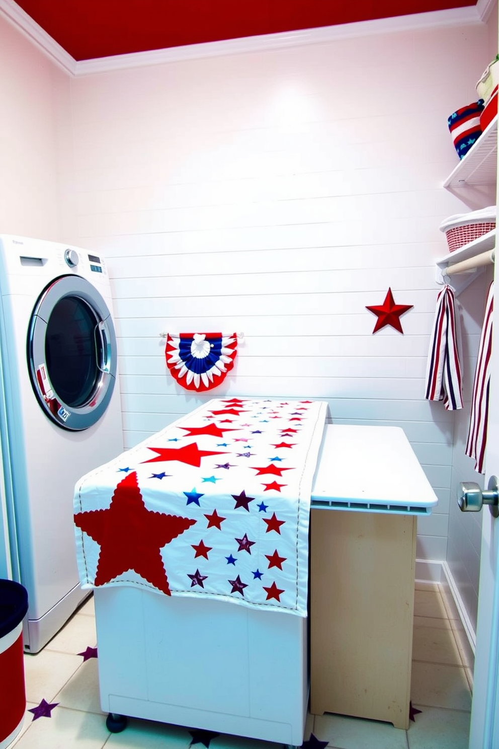 A vibrant laundry room featuring a star patterned table runner draped across a folding area. The walls are painted in a bright white, complemented by red and blue accents, creating a festive atmosphere for Independence Day.