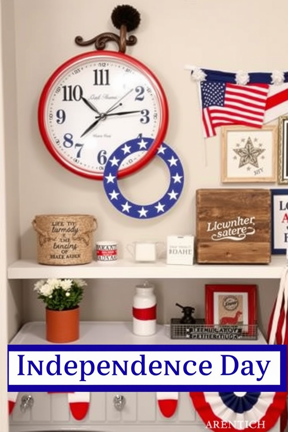 Independence Day themed wall clock. The clock features a red white and blue color scheme with stars and stripes design elements. Independence Day Laundry Room Decorating Ideas. The laundry room is adorned with patriotic decor including bunting and themed wall art to create a festive atmosphere.