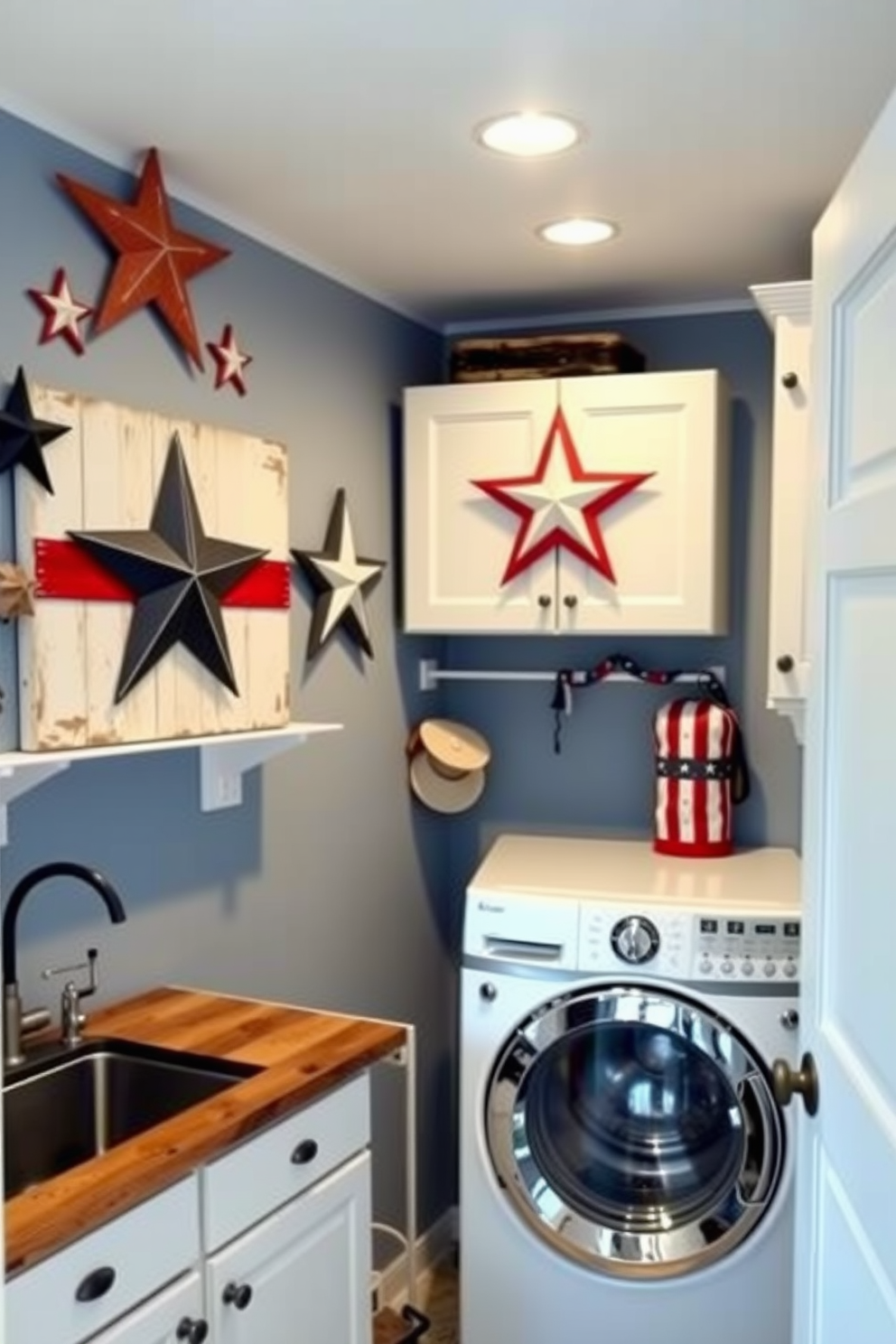 A charming laundry room adorned with decorative signs featuring stars in a patriotic theme. The walls are painted in a soft blue hue, complemented by white cabinetry and a rustic wooden countertop.