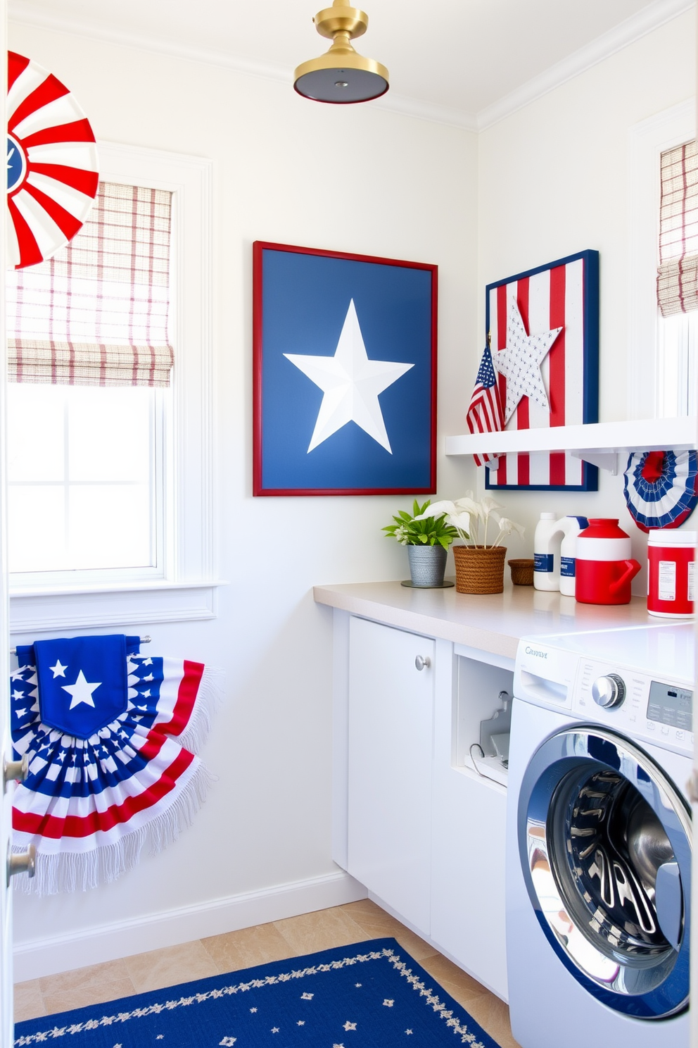 Create a vibrant laundry room that celebrates Independence Day with red white and blue themed artwork. Incorporate bold wall art featuring stars and stripes alongside decorative elements like patriotic bunting and themed accessories.