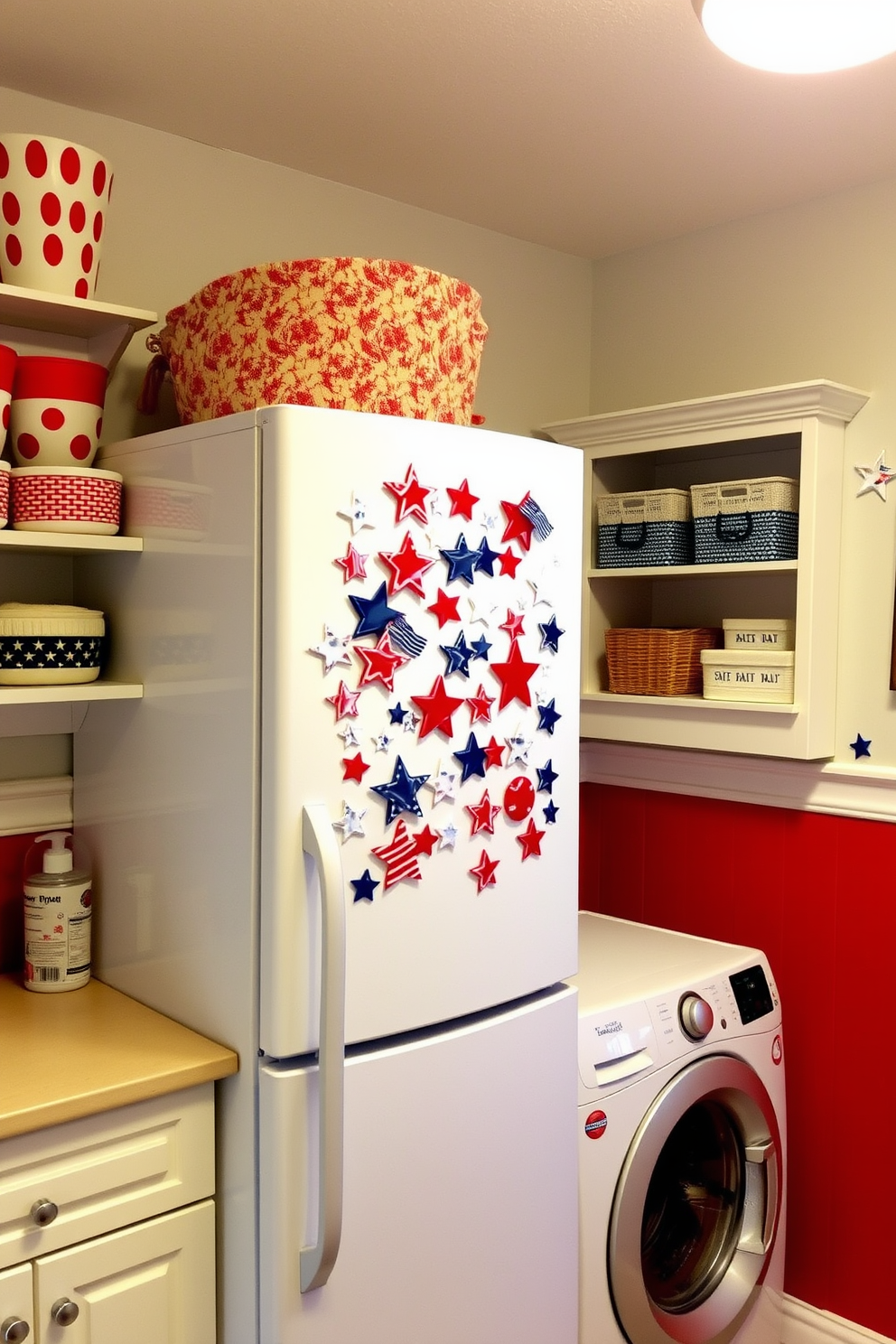 A patriotic themed laundry room features colorful magnets showcasing stars and stripes on a white refrigerator. The walls are adorned with red, white, and blue accents, creating a festive atmosphere for Independence Day celebrations. Functional storage solutions are integrated, including open shelves displaying decorative baskets and laundry essentials. A cheerful banner with patriotic motifs hangs above the washing machine, enhancing the festive spirit of the space.