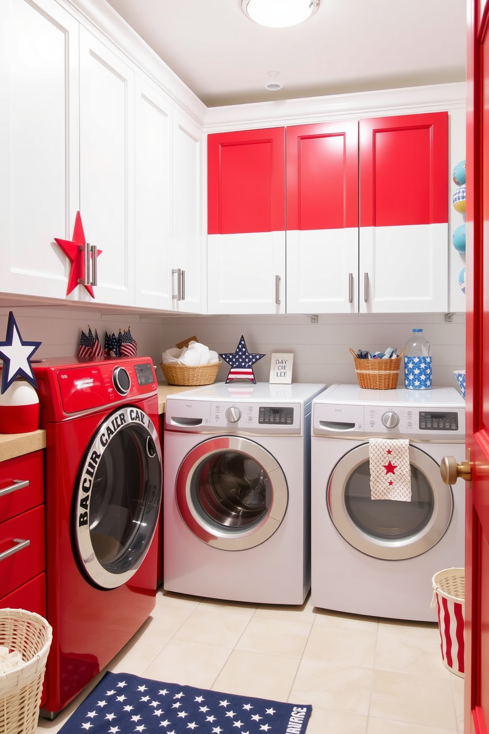 A vibrant laundry room featuring DIY painted cabinets in a bold red and white color scheme. The space is adorned with festive Independence Day decorations, including stars and stripes accents throughout the room.