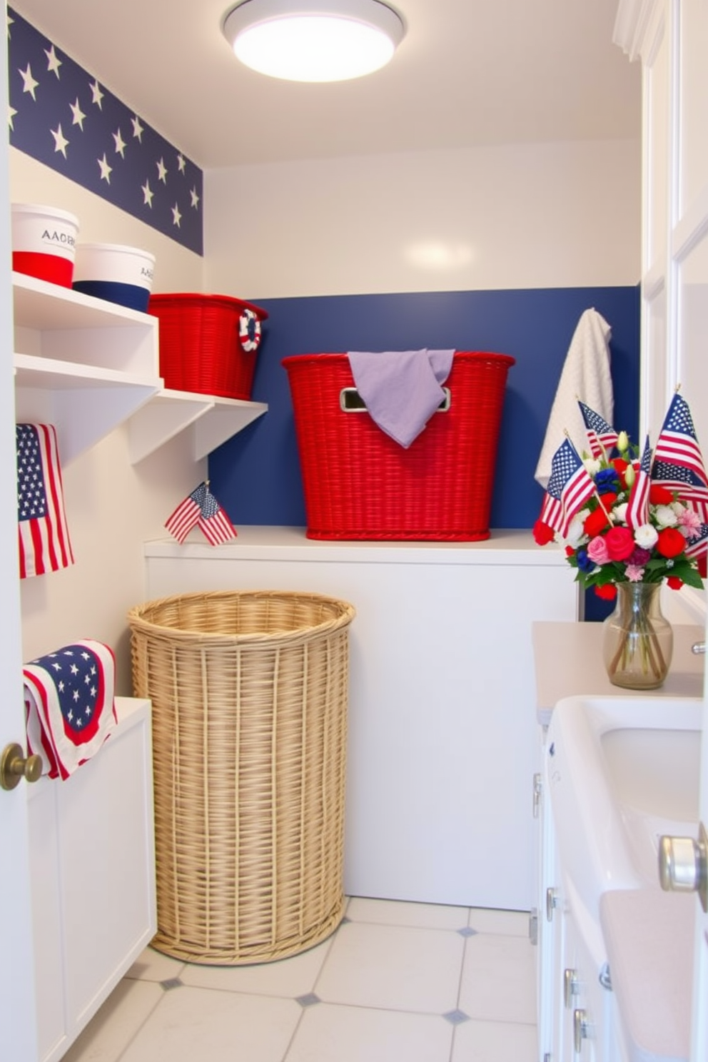 A vibrant laundry room adorned with patriotic laundry baskets and hampers in red, white, and blue. The walls are painted in a crisp white, complemented by a cheerful blue accent wall featuring stars and stripes. In one corner, a large wicker hamper displays a bold American flag pattern, while a matching laundry basket sits nearby. The countertops are clutter-free, showcasing a decorative arrangement of mini flags and seasonal flowers in a rustic vase.