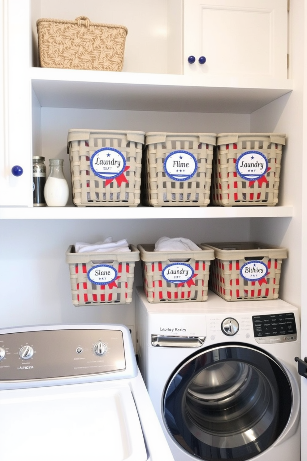 A festive laundry room features organized labels that celebrate Independence Day. The labels are adorned with red, white, and blue colors, incorporating stars and stripes for a patriotic touch. The walls are painted in a soft white, creating a bright and airy atmosphere. Shelves are neatly arranged with baskets labeled for different laundry categories, enhancing both functionality and style.