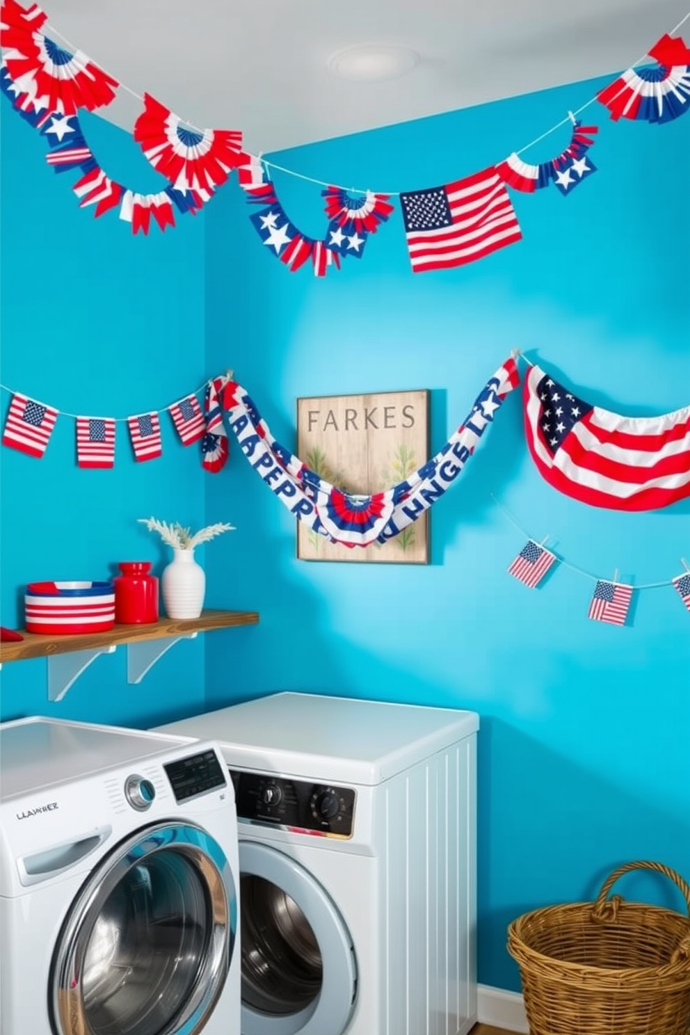 A festive laundry room adorned with vibrant garlands featuring flag motifs celebrating Independence Day. The walls are painted a cheerful blue, and a rustic wooden shelf displays red, white, and blue decorative items.