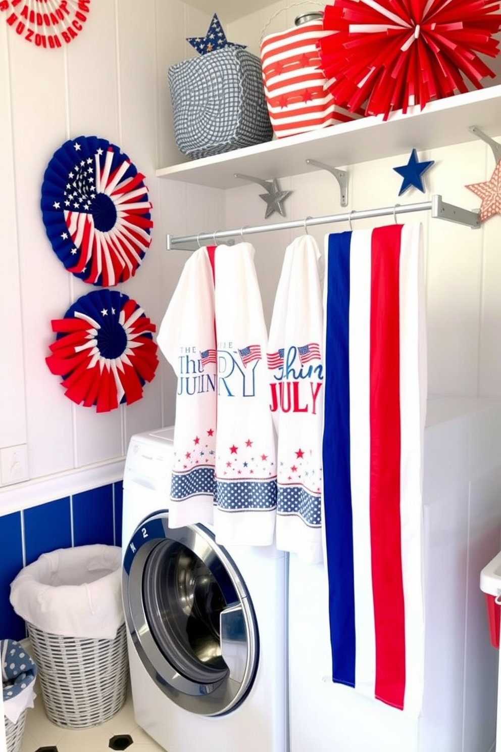 A cheerful laundry room decorated for Independence Day. The walls are adorned with red white and blue accents while festive Fourth of July themed towels hang neatly on a rack.