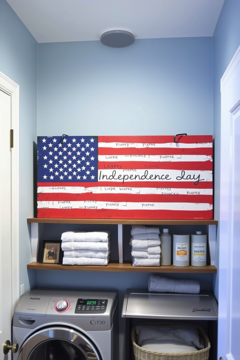 A charming laundry room adorned with a DIY flag painted sign celebrating Independence Day. The walls are painted in a soft blue hue, and rustic shelves hold neatly folded towels and laundry supplies.