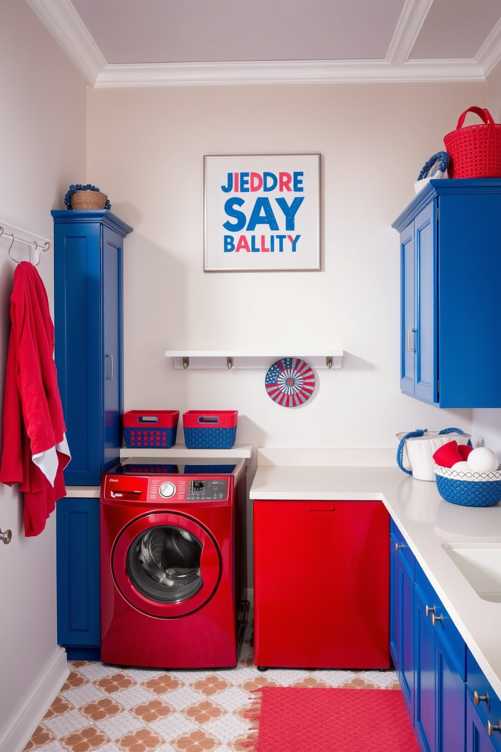 A vibrant laundry room designed with a red blue and white color scheme. The walls are painted in a crisp white, while the cabinets are a bold blue, complemented by red accents in the decor and accessories. A spacious countertop features a stylish red washing machine and dryer, with decorative baskets in various shades of blue. Wall art celebrating Independence Day hangs above, adding a festive touch to the overall design.