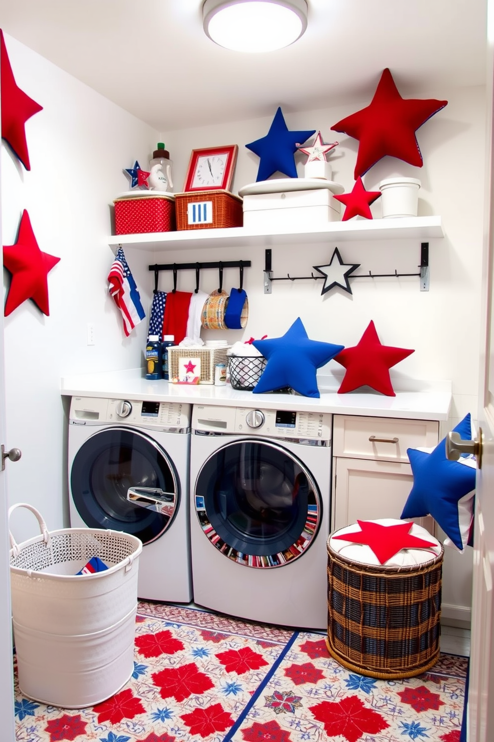 A vibrant laundry room adorned with star shaped decorative pillows in red white and blue hues. The walls are painted a crisp white and the floor is covered with a cheerful patterned rug. A spacious countertop is filled with laundry supplies and a stylish basket for sorting clothes. Above the counter, shelves display patriotic decor and the star shaped pillows add a festive touch to a cozy seating area.