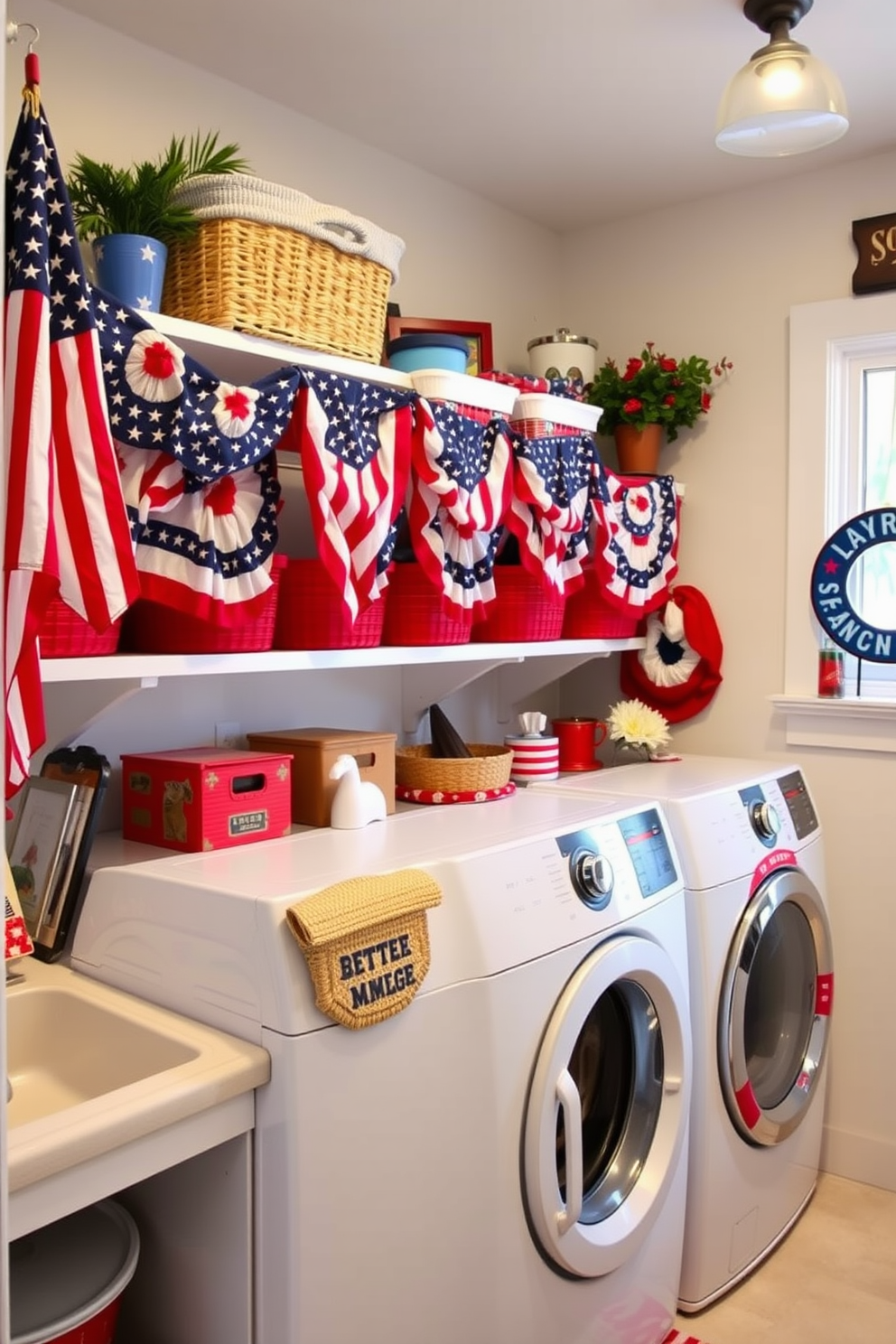 A cheerful laundry room adorned with American flag bunting draped along the shelves. Brightly colored baskets and patriotic-themed decor create a festive atmosphere for Independence Day celebrations.