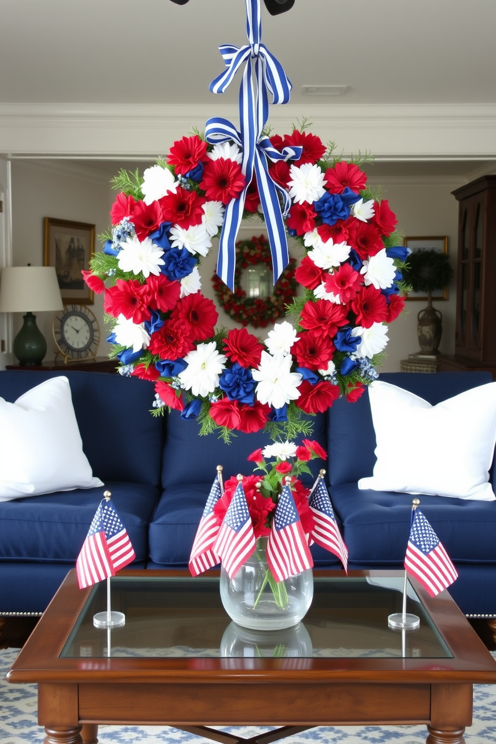 A festive living room adorned with a wreath made of red white and blue flowers and ribbons. The wreath is hung prominently on the front door, welcoming guests with a patriotic touch. Inside, the room features a cozy seating area with a navy blue sofa and white accent pillows. A coffee table is decorated with small American flags and a centerpiece of fresh red and white flowers in a glass vase.