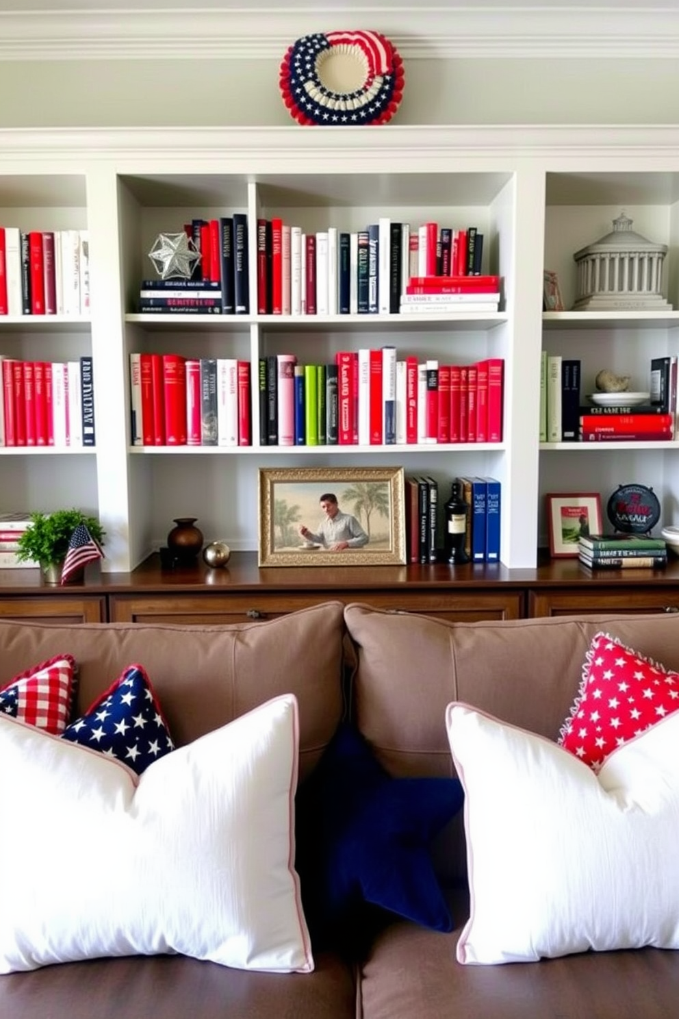 A patriotic themed living room features a beautifully arranged bookshelf showcasing an array of books with red white and blue covers. The decor includes a cozy seating area adorned with throw pillows in stars and stripes patterns creating a festive atmosphere for Independence Day celebrations.