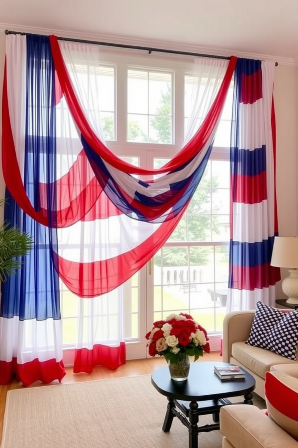 A vibrant living room adorned with red white and blue curtains that celebrate Independence Day. The curtains billow gently in the breeze, framing large windows that allow natural light to flood the space.