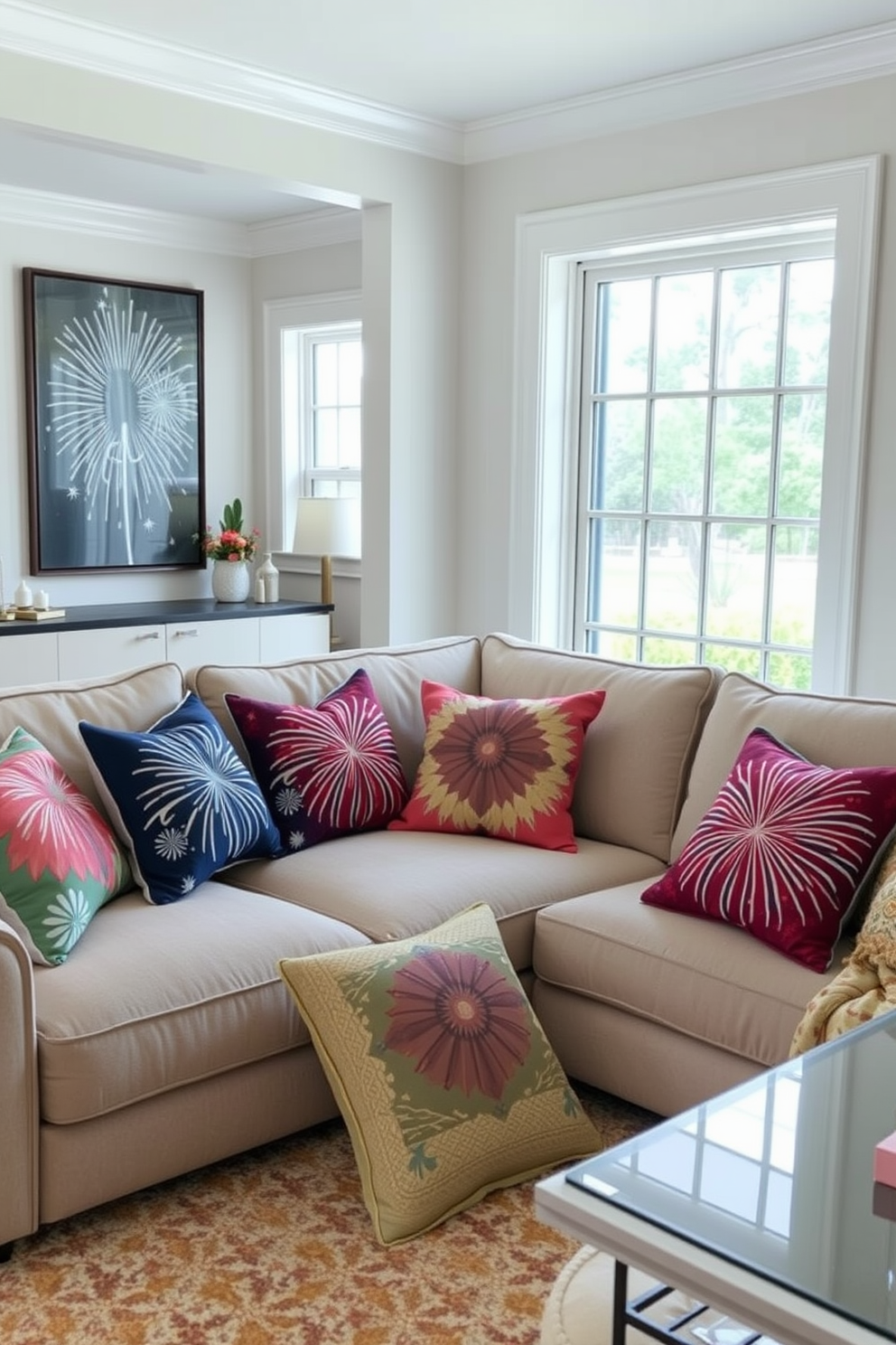 Fireworks themed decorative pillows are scattered across a plush sectional sofa in a bright and airy living room. The pillows feature vibrant colors and bold patterns, creating a festive atmosphere for Independence Day celebrations.